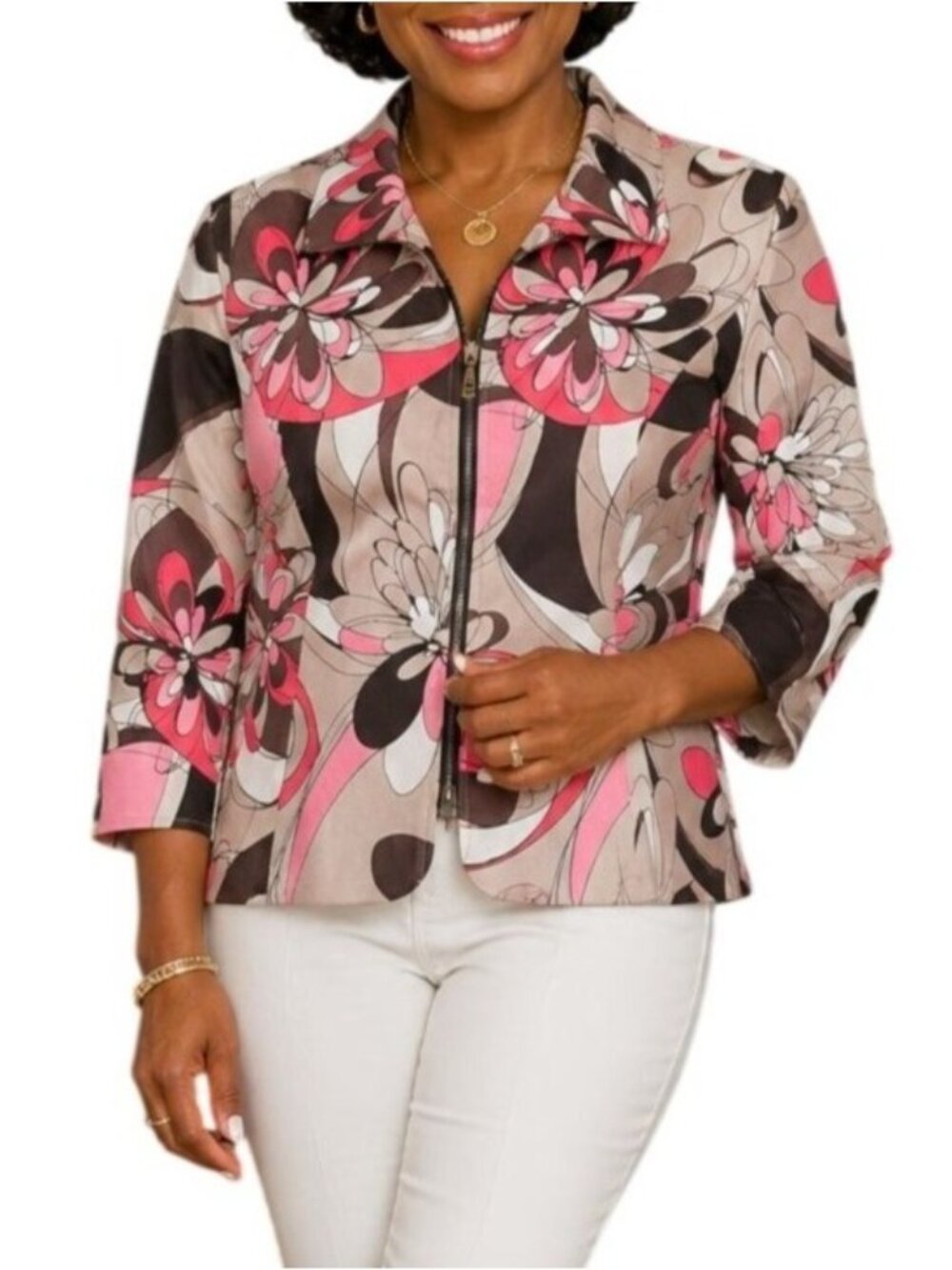 Maggy London Size 6 Petite Jacket Floral Zip Front Womens 3/4 Sleeve Pink/Brown